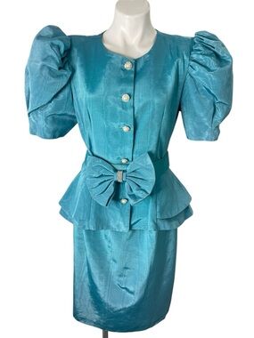 Vtg Evenings by Pantagis 80s Dress Blue Moire Rhinestone Bow Peplum Top Skirt